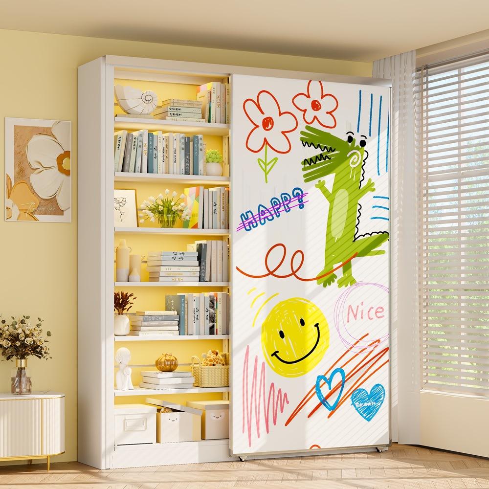 Home Library Bookshelf with Whiteboard Door Multi-Layer Storage Rack Floor-Standing Integrated Wall-Mounted Dust-Proof Simple Bookcase