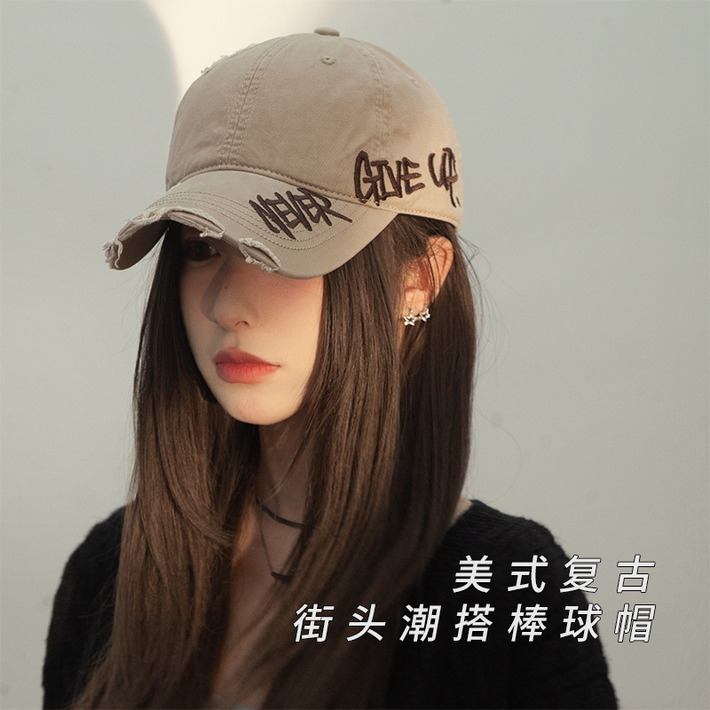 Retro americano lavado con agua para hacer viejos agujeros gorras de béisbol de verano mujeres letras de sombrero bordadas versátiles muestran cara gorras de lengua de pato