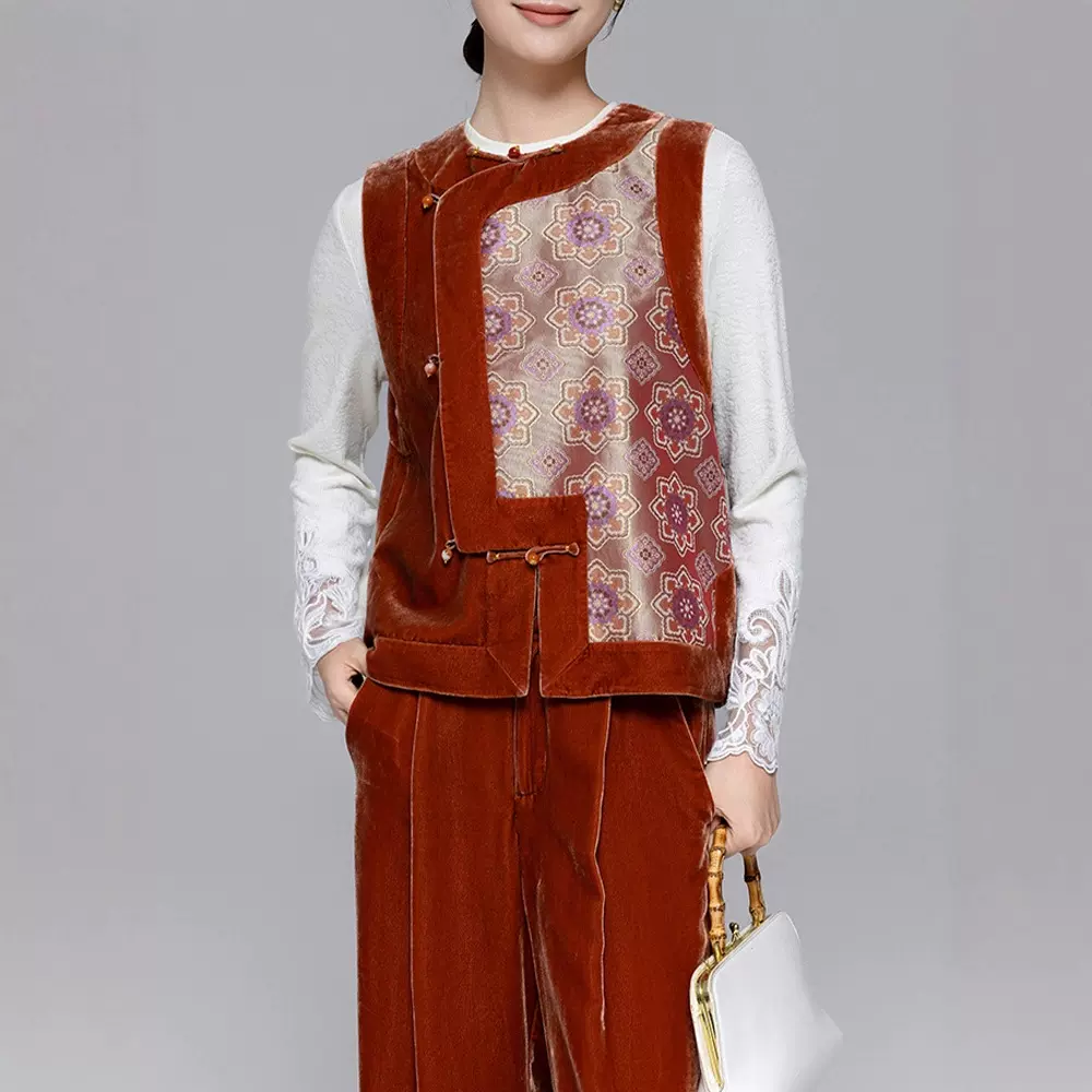 新中式真丝丝绒拼宋锦马甲女2025秋季宝相花桑蚕丝斜门襟国风上衣
