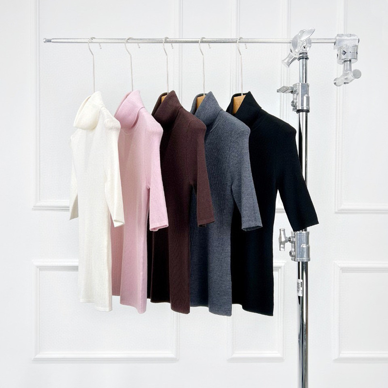 Autumn and Winter Classic 2-Strand 60-Count Worsted Wool Elegant Work Clothing Th Home Lapel Knitted Bottoming Mid-Sleeve Wool Sweater for Women