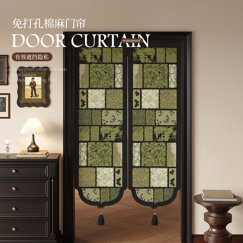 Vintage-Style Bedroom and Living Room Door Curtain, Faux Linen, No-Drill Bathroom Partition Curtain, Kitchen Partition Blackout Door Curtain