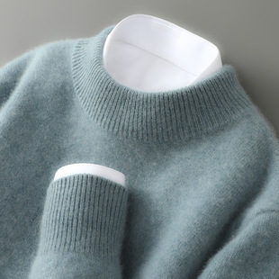 100 Pure Wool Sweater Men's Explosive Thickened Half-turtleneck Loose Pullover Knitted Cashmere Long-sleeved Base Sweater for Men