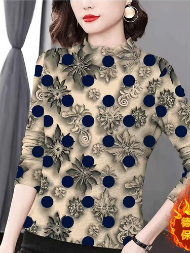 220 kert velvet double-sided velvet digital print fashionable T-shirt semi-high collar floral all-match long-sleeved top slim bottomed shirt