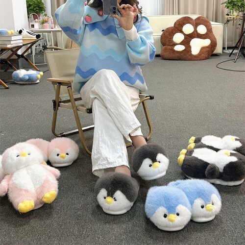 Penguin Cotton Slippers Winter Women Cute High-Top Plush Home Couple Thick Sole Winter Ladies Indoor Warm Slippers