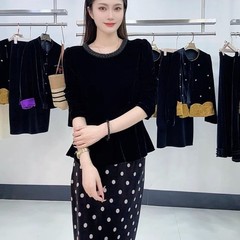 南油早秋爆款金丝绒亮片百搭时尚上衣简约百搭气质圆领T恤小女