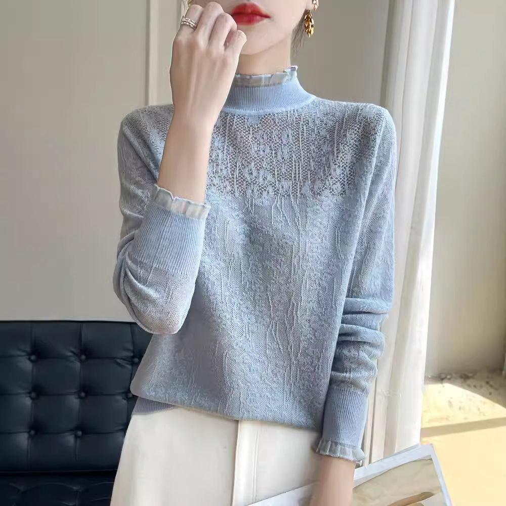 秋冬甜美蕾丝钩花长袖法式针织打底衫女半高领毛衣外穿设计感上衣