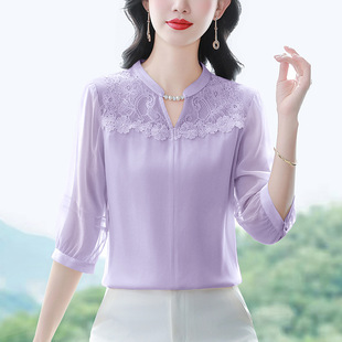 Mom's Summer Solid Color Silk Top Fashion New Middle-Aged and Elderly Women's Mulberry Silk Shirt Loose and Thin
