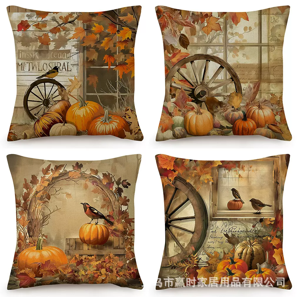 亚马逊 跨境热销感恩节系列艺术印花超柔绒抱枕套 节日礼品汽车靠