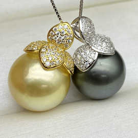 s925纯银珍珠吊坠托配件diy手工配饰精致莲花挂坠通体银遮瑕坠子