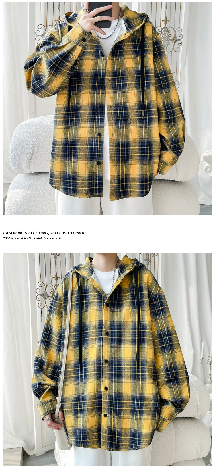 Plaid Hooded Shirt Jacket For Men American Retro Style Oversized_voghion.com