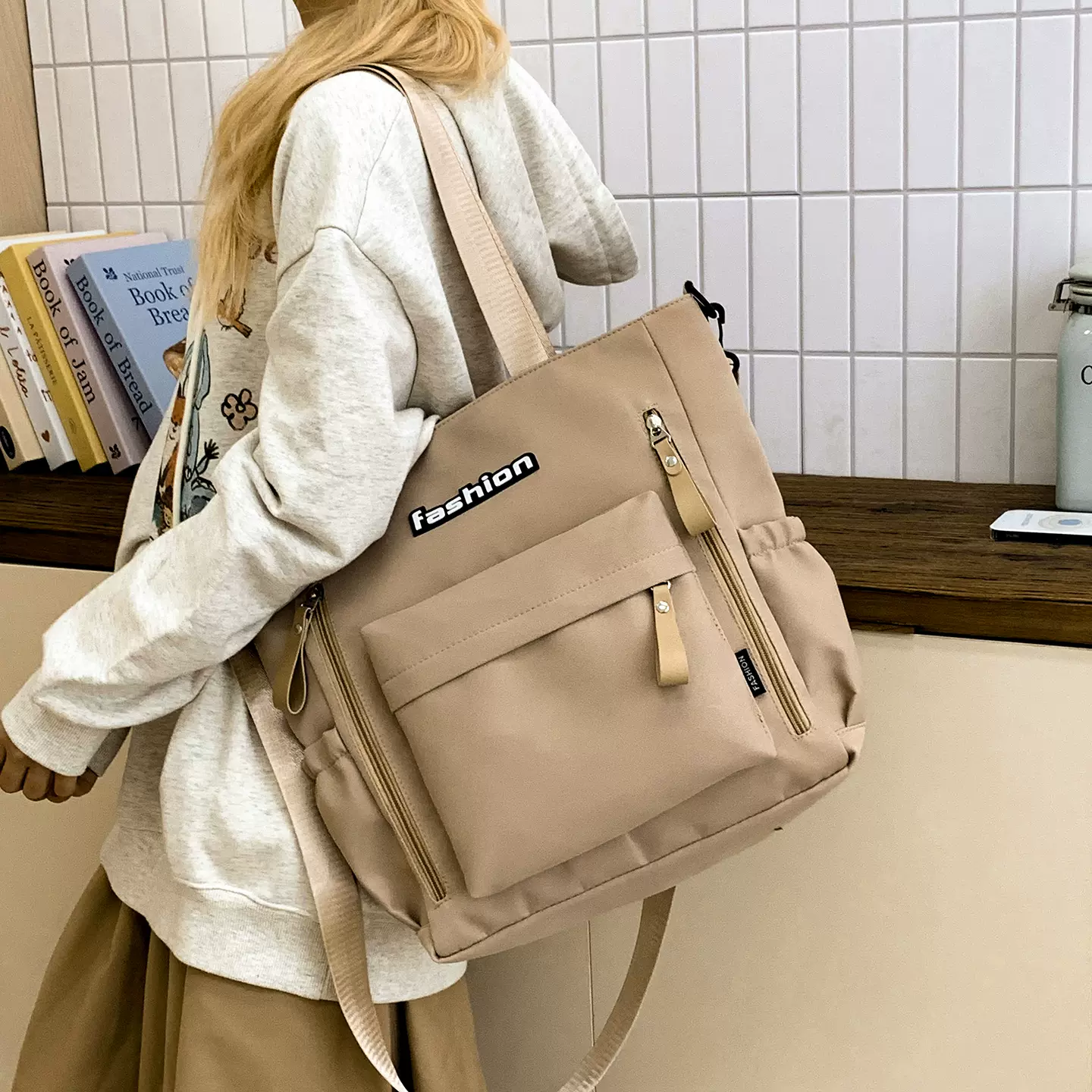 复古简约百搭通勤托特包大容量单肩包少女手提袋学生补习上课书包