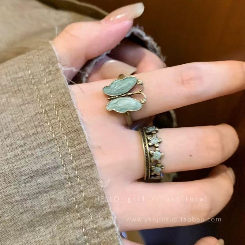 "Greek Flower God" Retro Blue Flower Old Ring New High-end Light Luxury Fashion Open Ring for Women