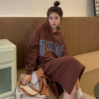 2022秋冬季新款胖MM慵懒风宽松显瘦印花加厚连帽过膝长款卫衣裙女