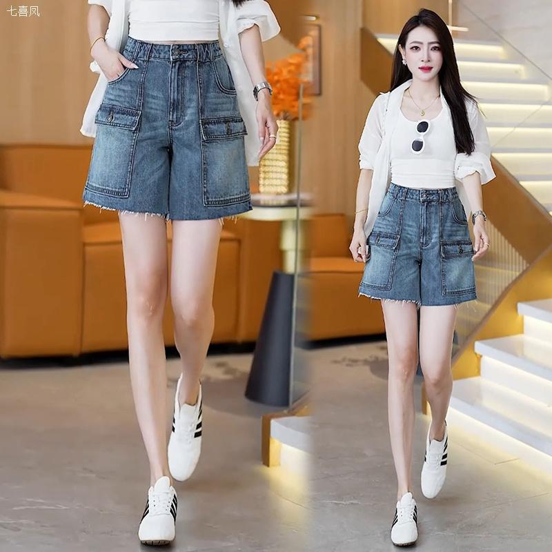 American Retro Casual Versatile Cotton Denim Frayed Workwear Patch Pocket Straight-Leg Denim Shorts
