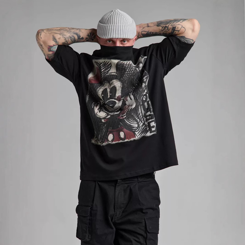American Retro Cartoon Mickey Print 100 Cotton Short-sleeved T-shirt Fun Age-reducing Print All-match Fashion Top