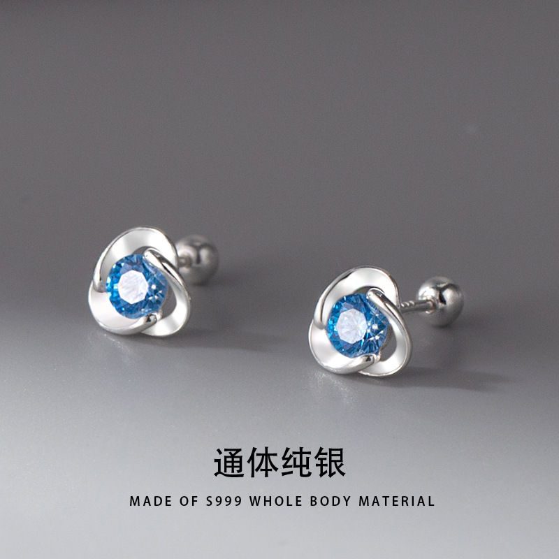 S999足銀藍鋯石縷空花朵耳釘復古簡約耳骨釘螺絲擰扣耳環氣質批發