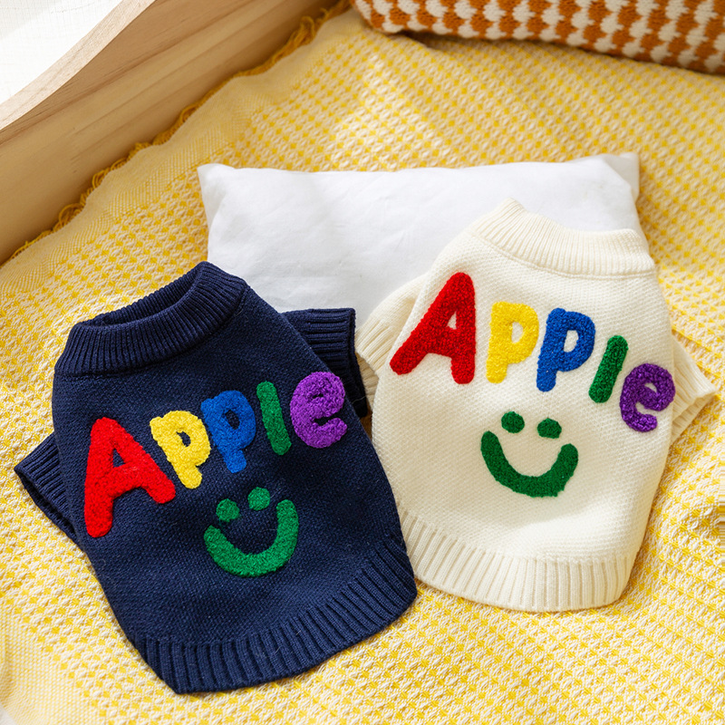 Otoño y invierno coreano perro lindo manzana sonriente letras de color camiseta de punto suéter gato mascota Teddy ropa