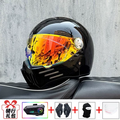 Motosiklet kaskı (dəbilqə) — Retro Motorcycle Full-Face Helmet, Suitable - bright-black-with-colorful-red-mirror-night-vision-transparent-mirror-delivered-y10-soft-wheat-m