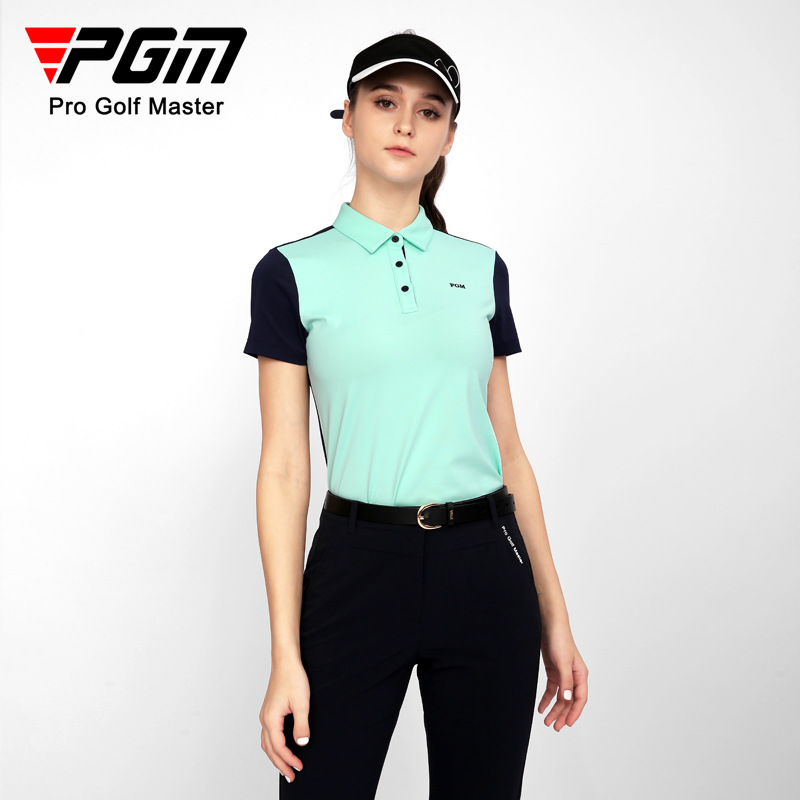 Áo thun nữ ngắn tay phối màu thể thao golf thoáng khí — YF554-Áo màu hồng, YF554-Áo màu trắng, KUZ149-Quần màu xanh nước biển, KUZ149-Quần Trắng