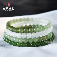 渐变色晴水和田玉手串女青海料天然湖水绿玉石珠子串珠白玉手链