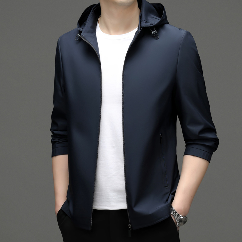 Brand High-end Middle-aged Men's Spring and Autumn Hooded Jacket Dad's Mulberry Silk Jacket Men's Casual Thin Top Brand High-end Middle-aged Men's Spring and Autumn Hooded Jacket Dad's Mulberry Silk Jacket Men's Casual Thin Top