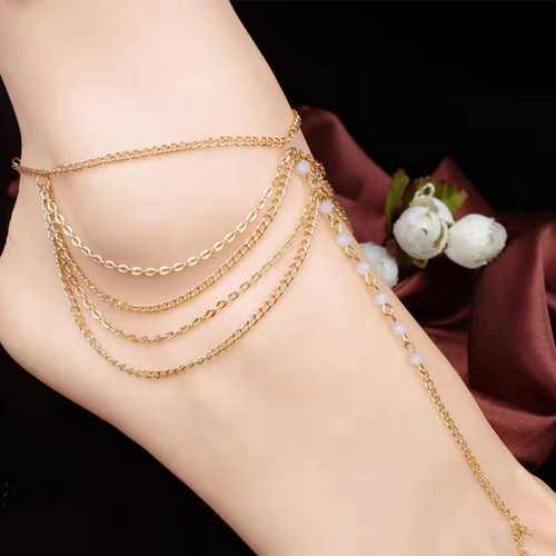 European and American cross-border fashion women's jewelry beach footwear multi-layer tassel chain crystal beaded mitten anklet
