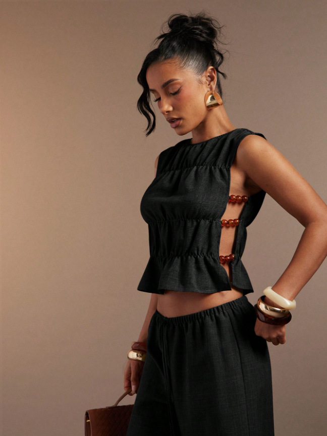 Women's Spring Solid Color Two Piece Set Retro Long Pants Vest Outfit_voghion.com