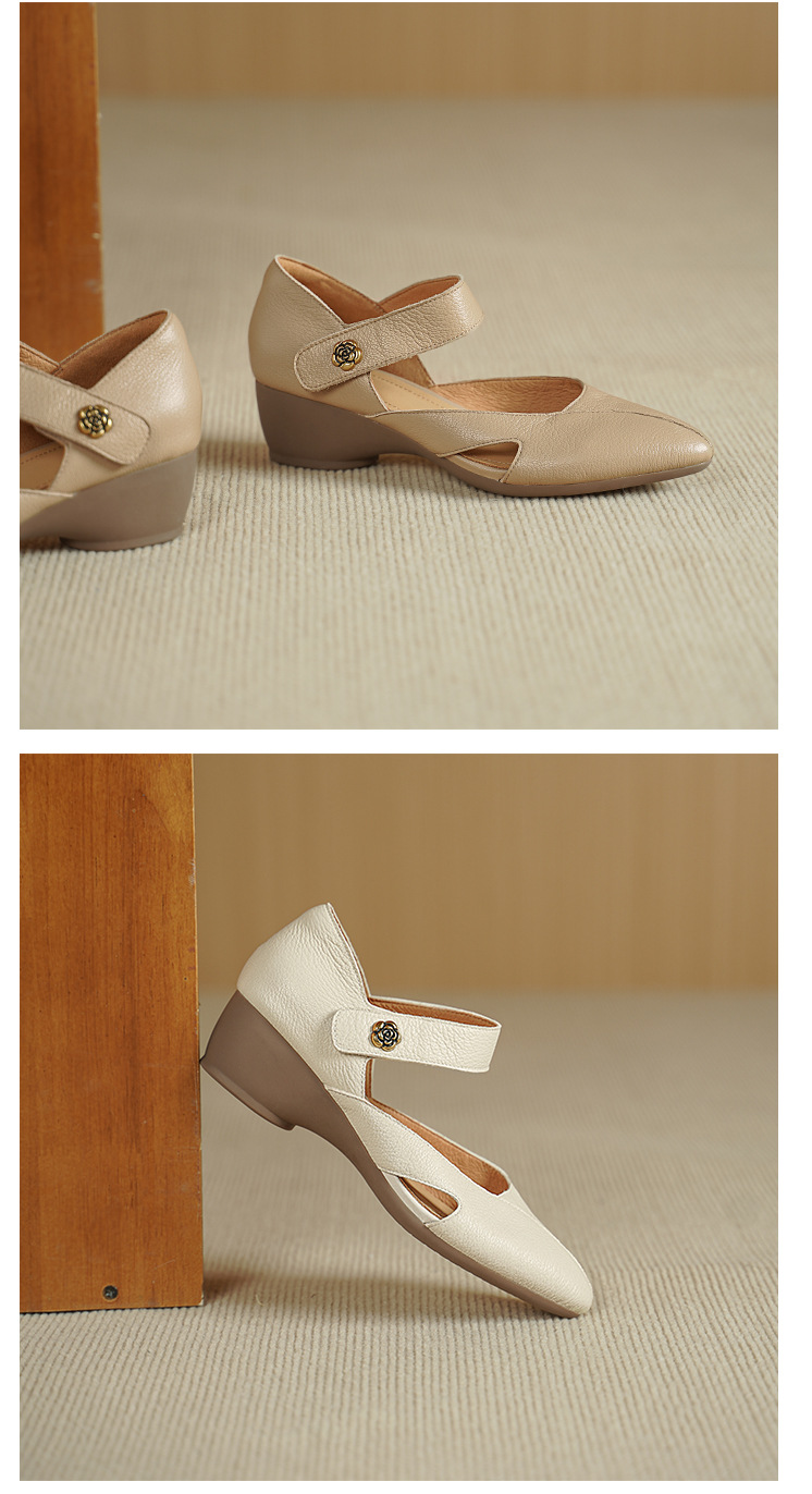 Sandal nữ đế xuồng mũi nhọn da cừu, gót 7 cm, phong cách retro — Màu trắng nhạt chi tiết 9