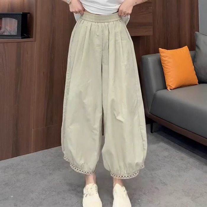 跨境日系灯笼阔腿裤女年夏季薄款藏青色裤子显瘦小个子花苞九分裤|undefined