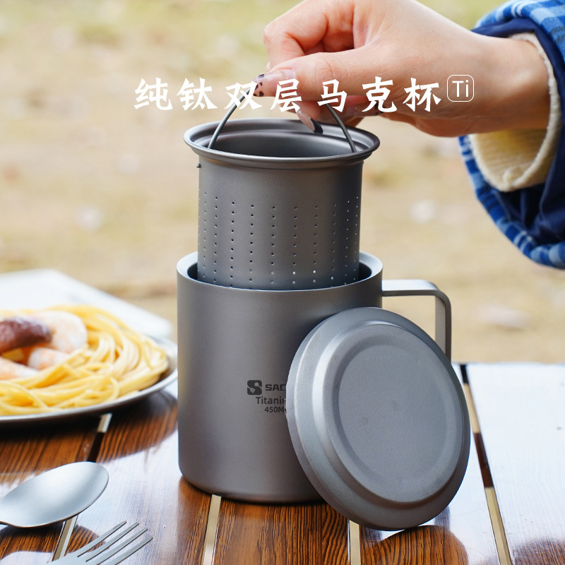 純チタン二層マグカップ チタンカップ 断熱チタンウォーターカップ 新製品 軽量二層マグカップ 蓋付きチタンカップ コーヒーカップ|undefined
