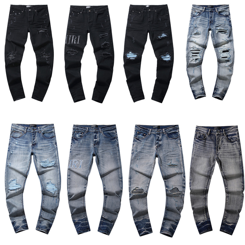 Cross-border new JB AMIRI hole patch close-fitting elastic close-fitting skinny jeans for men and women wholesale