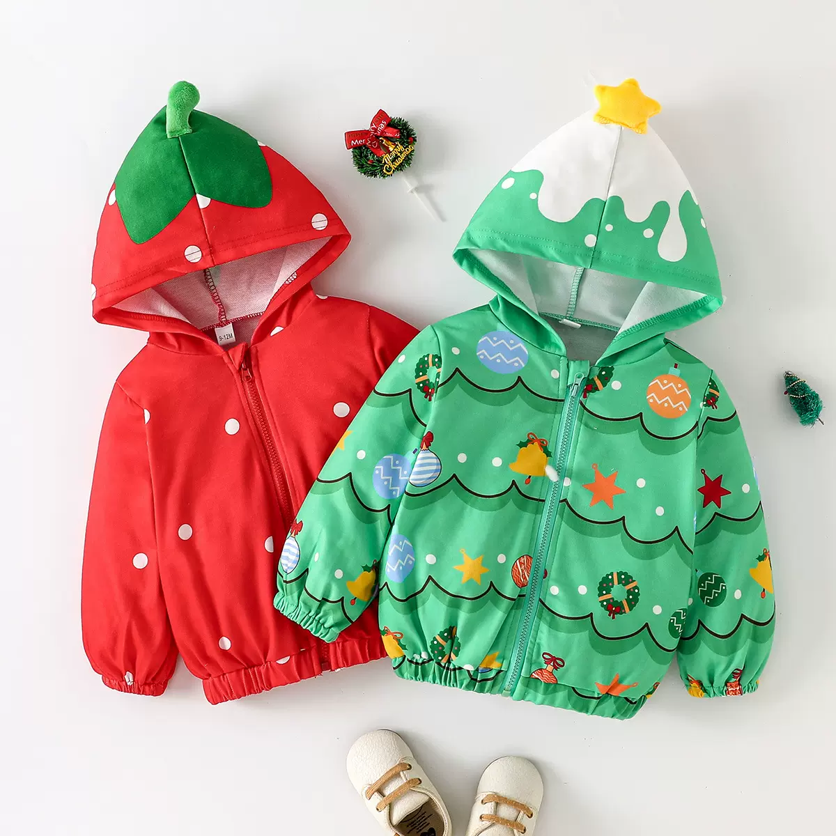 跨境专供圣诞节童装2025新款婴小童圣诞元素图案连帽开衫外套日常