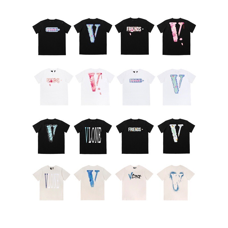 Vlone Short-Sleeved T-Shirt for Men and Women, 2024 High Street Printed Couple's Trendy Top with Big V Logo