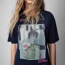 23夏季新款法国小众ZV女孩白墨数码印花烫钻拼接弧形宽松短袖T恤