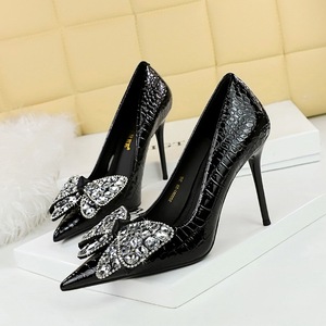 3391-H21 European and American style high heels, thin heels, stone pattern patent leather, shallow mouth, pointed water 