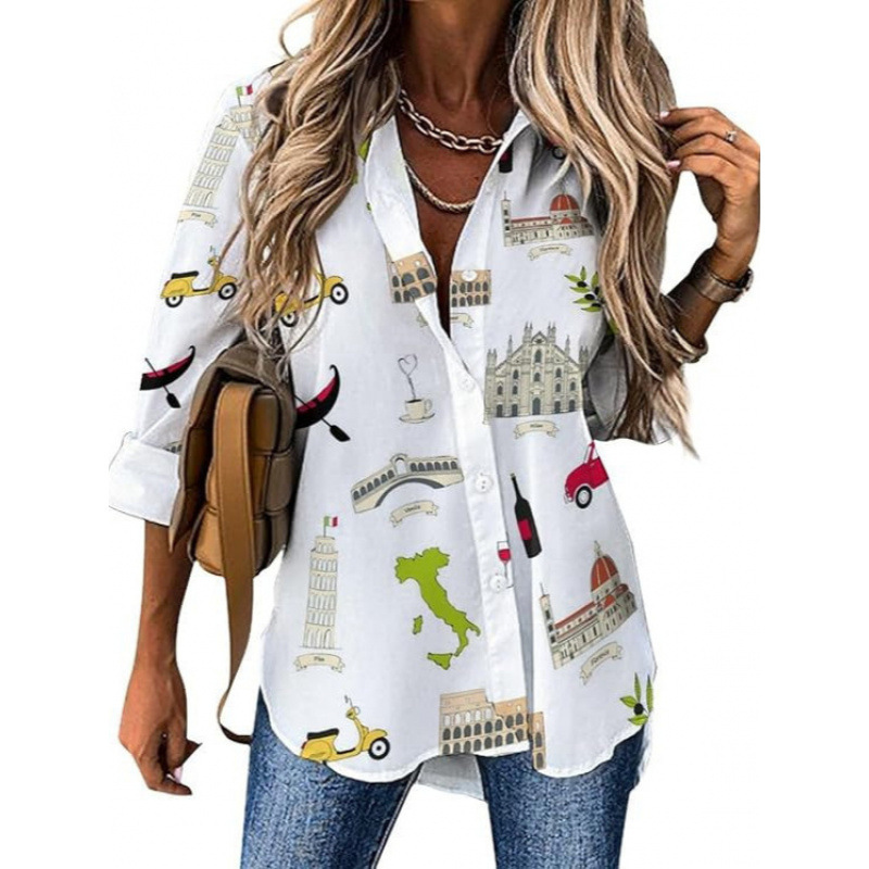 2025年欧美亚马逊跨境外贸夏季新款3D印花女长袖宽松大码开衫衬衣