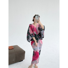 法式收腰印花气质褶皱连衣裙长袖V领春装裙女度假油画褶皱长裙子