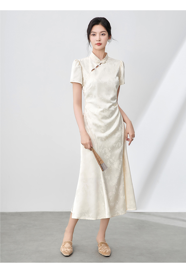 Đầm maxi nữ thắt eo phong cách sườn xám cổ điển, họa tiết phù điêu jacquard phương Đông — Màu xanh lá chi tiết 9