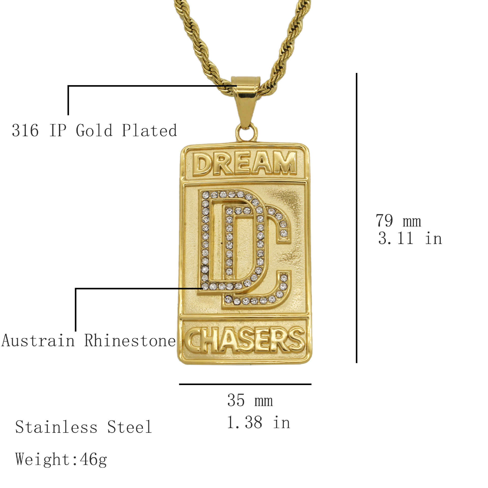 20g Weight 1 Piece 35*79mm 50cm Titanium Steel Rhinestones Geometric Letter Pendant Chain