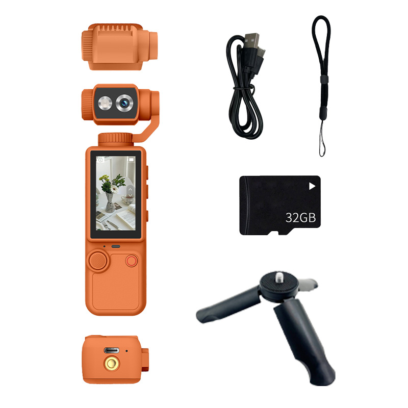 Cámara de movimiento de mano naranja Q8 con soporte + tarjeta de memoria 32G + cordón + cable de datos
