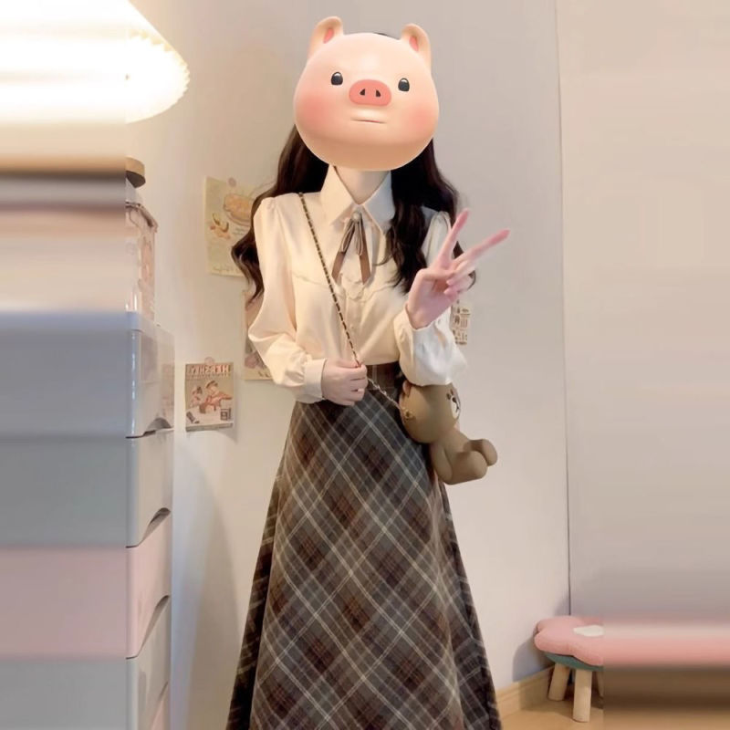 韩系长袖连衣裙子秋冬季新款女装小个子甜美格子半身裙衬衫套装女|undefined