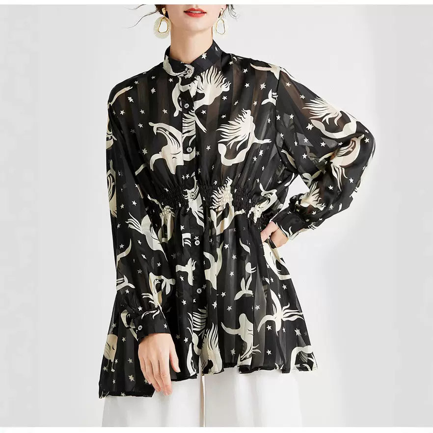 大码女装上衣女2025春装新款时尚洋气收腰显瘦胖妹妹真丝缎衬衣女