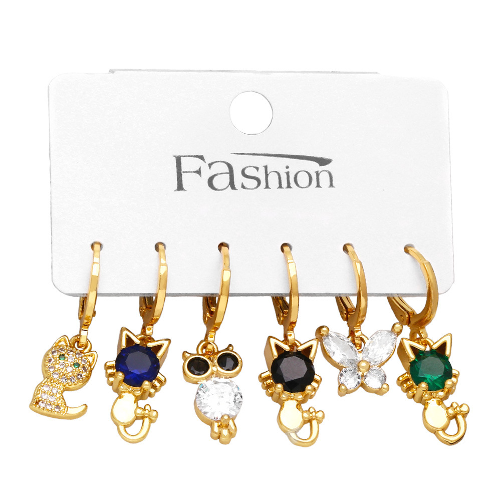 Fashion Cat Butterfly Copper Drop Earrings Inlay Zircon Copper Earrings 6 Pieces