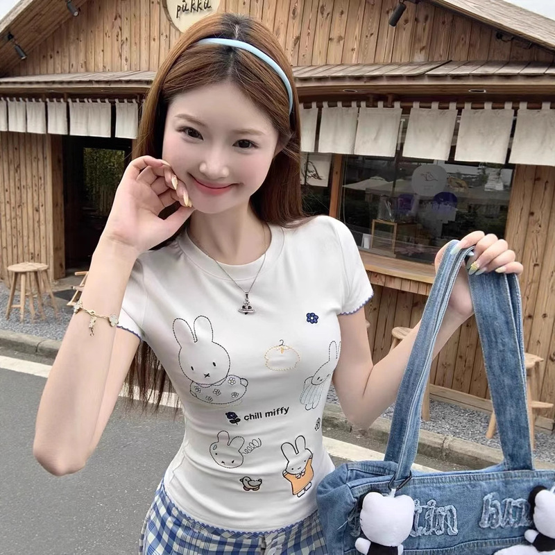 Korean White Cute Rabbit Embroidered Right Shoulder Short-Sleeved T-Shirt for Women Summer Design Slim Short Sweet Top