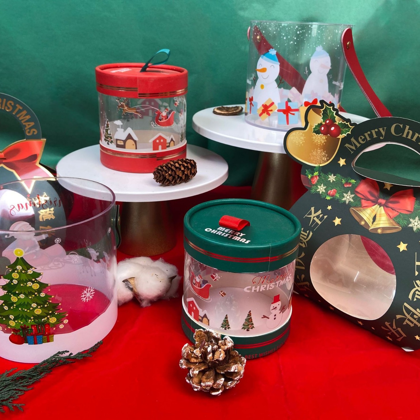 กล่องบรรจุภัณฑ์เทศกาลคริสต์มาส กล่องทรงกลมใสขนาดเล็ก กล่องถือใส่แอปเปิลสำหรับคืนวันคริสต์มาส ถังอะคริลิกทรงกลม กล่องของขวัญลูกอม ขายส่ง