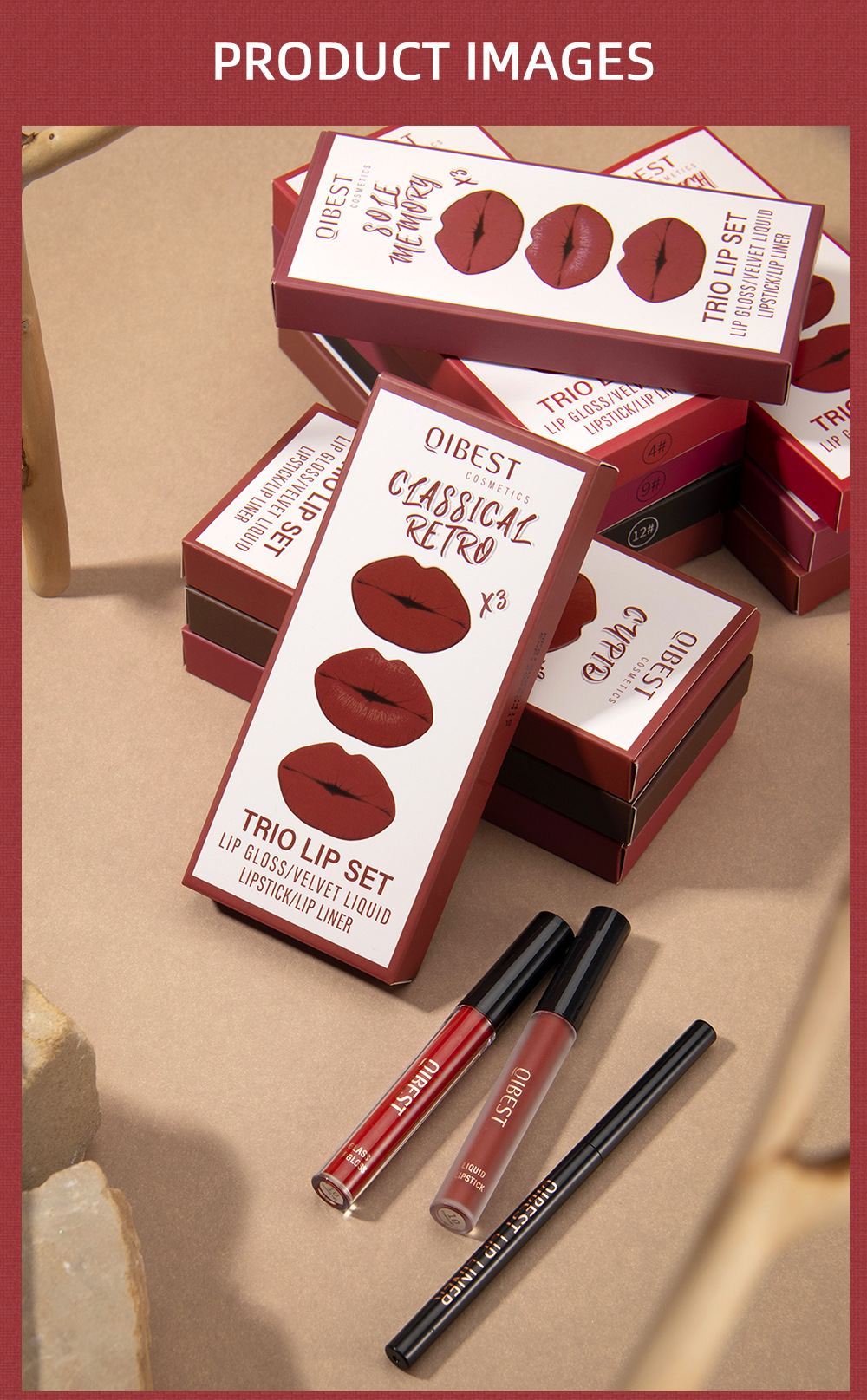 QIBEST Cross Border non-stick cup non-fading lip glaze matte mist moisturizing lip line set 3-in-1 Makeup undefined