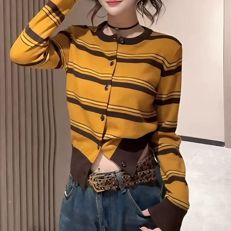时尚设计感撞色拼接洋气条纹针织开衫女秋季新款气质百搭软糯上衣|undefined