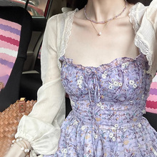 法式气质温柔风紫色碎花吊带连衣裙子女夏季度假风长裙开衫两件套