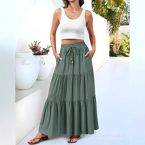 [Label Code] Pleated High-Waisted Flap Pocket Pants Long Skirt A-Line Elegant Layered Beach Skirt