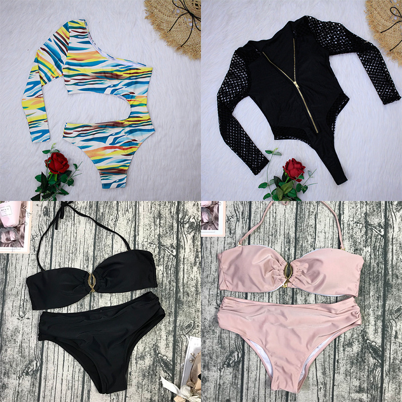 Mujeres Color Sólido Impresión Juego De 2 Piezas Bikinis Traje De Baño display picture 3